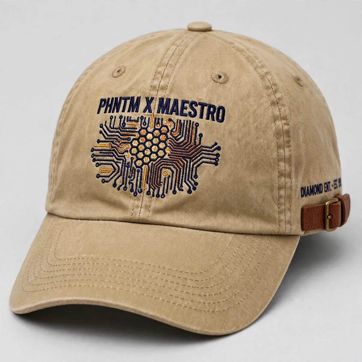 PHNTM cap in khaki with leather strap and brass buckle