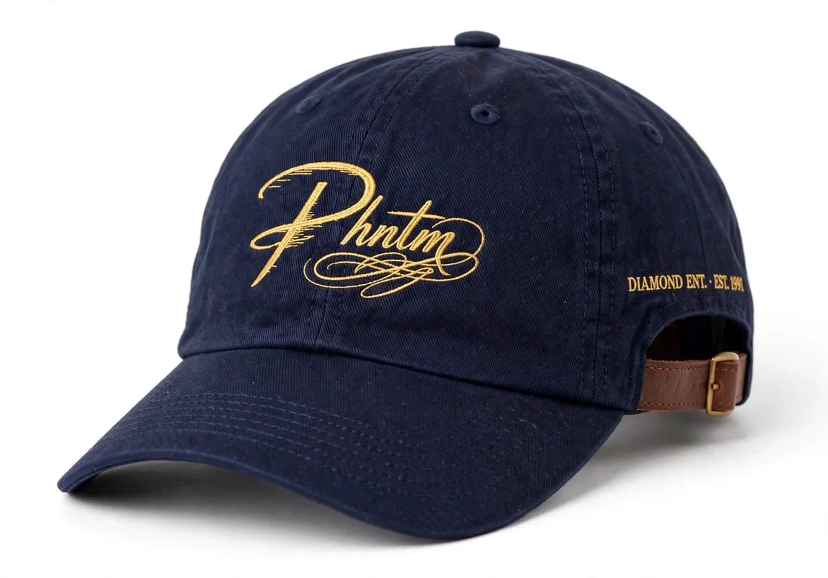 PHNTM cap in navy with leather strap and brass buckle