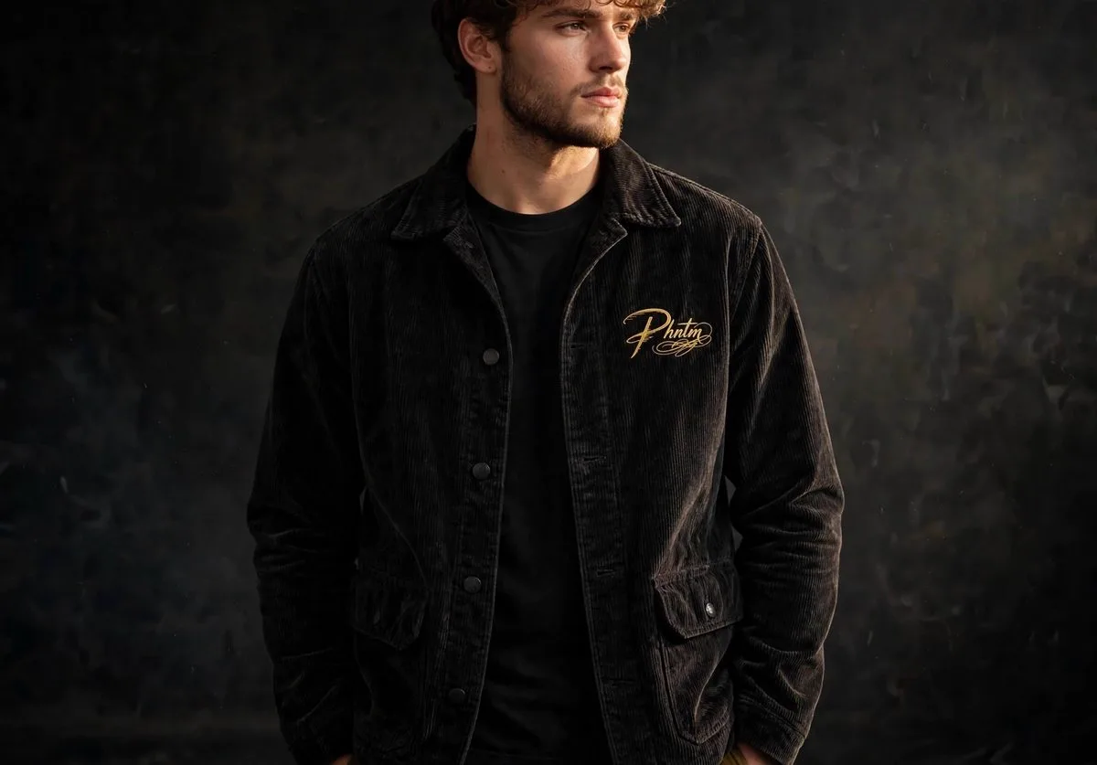 Chore Jacket in black corduroy with gold PHNTM script on the chest