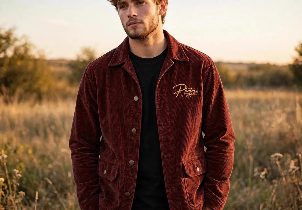 Chore Jacket in burgundy corduroy with gold PHNTM script on the chest