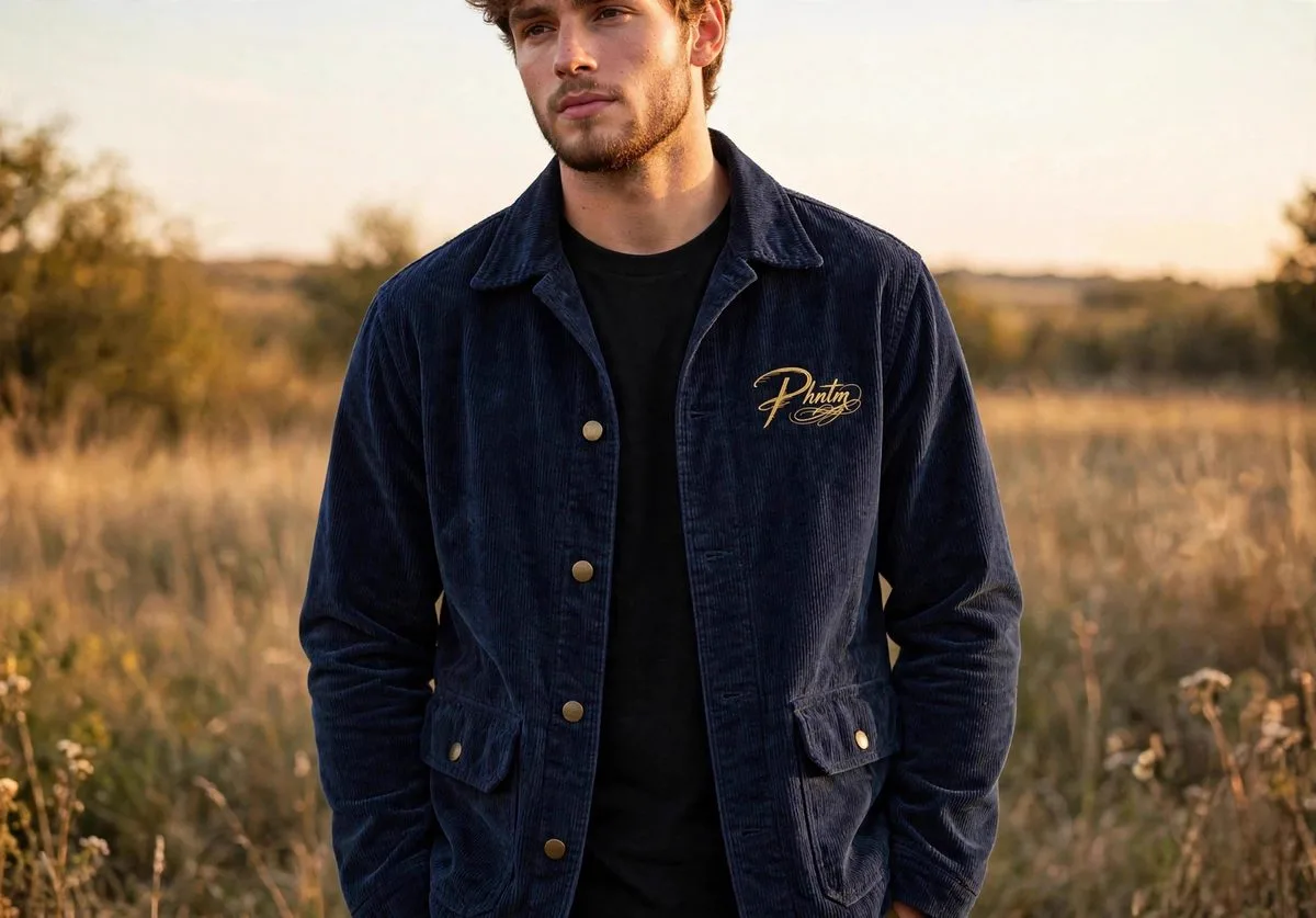 Chore Jacket in navy corduroy with gold PHNTM script on the chest