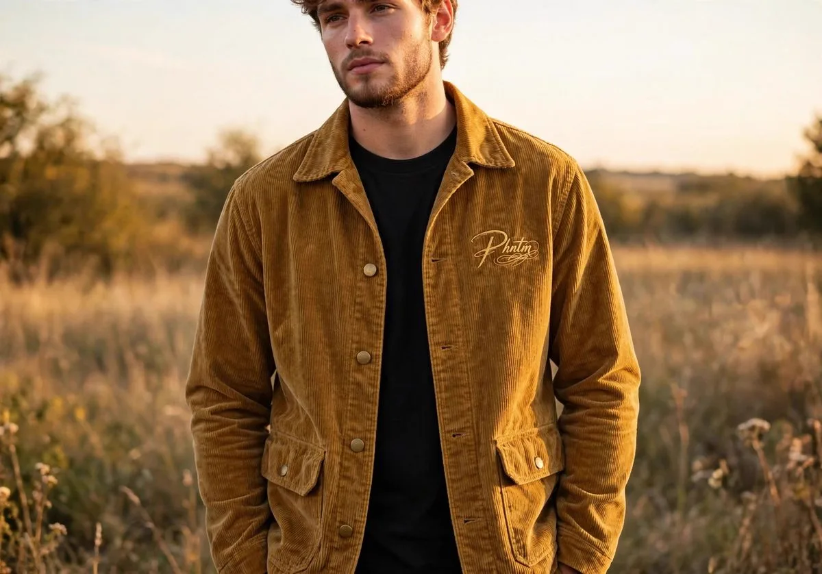 Chore Jacket in ochre corduroy with gold PHNTM script on the chest